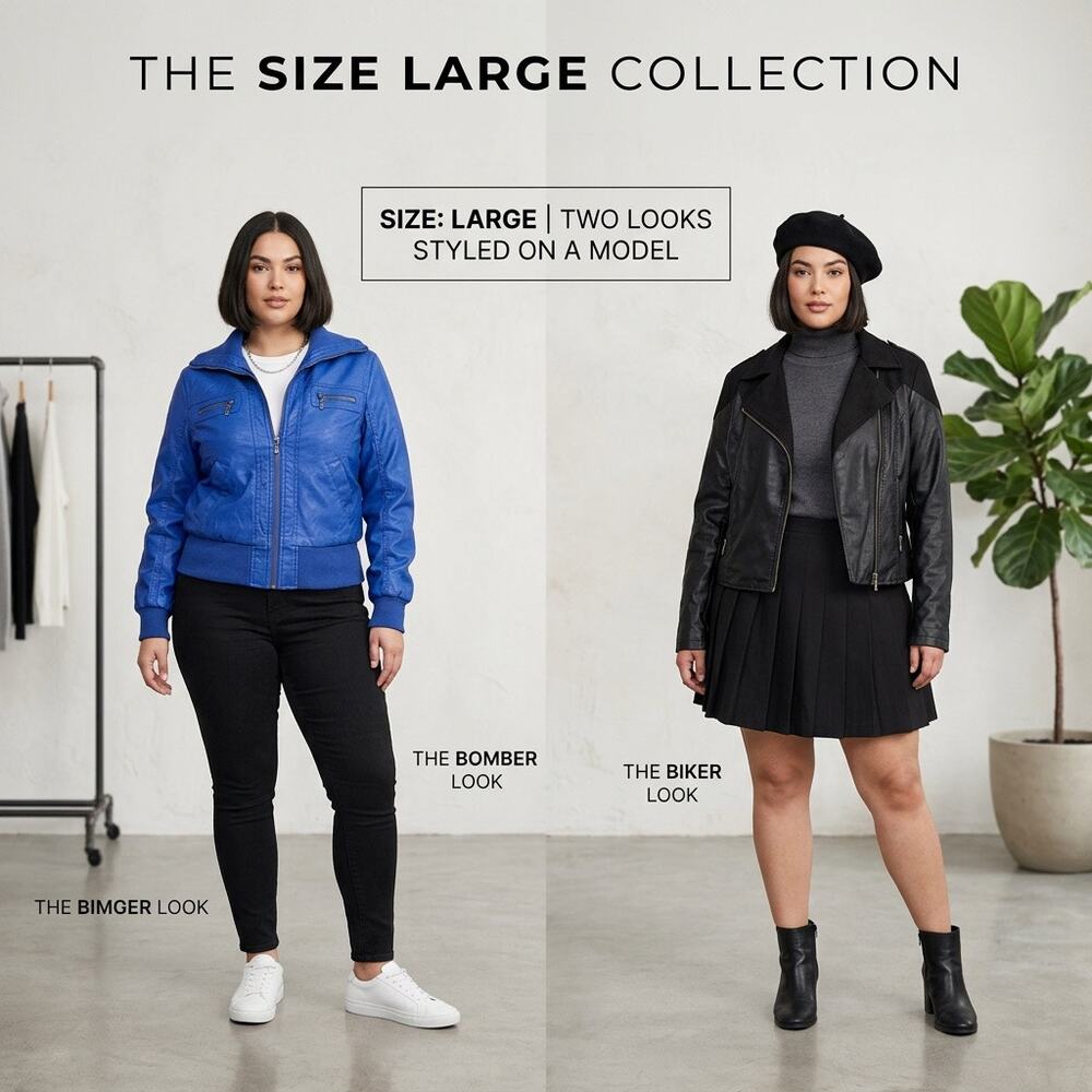 Women’s Size Large Jacket Bundle Blue Bomber & Black Biker Faux Leather Coat